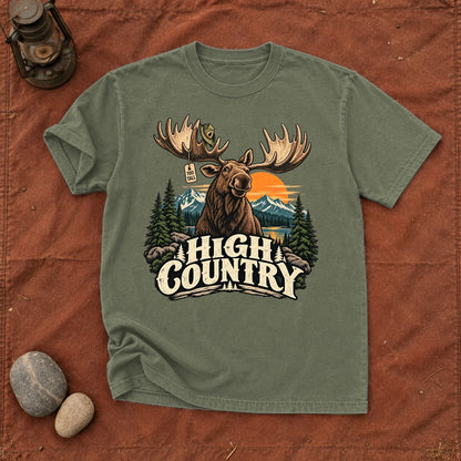 High Country 'Too Tall' Moose Graphic Tee on Moss Premium Tee