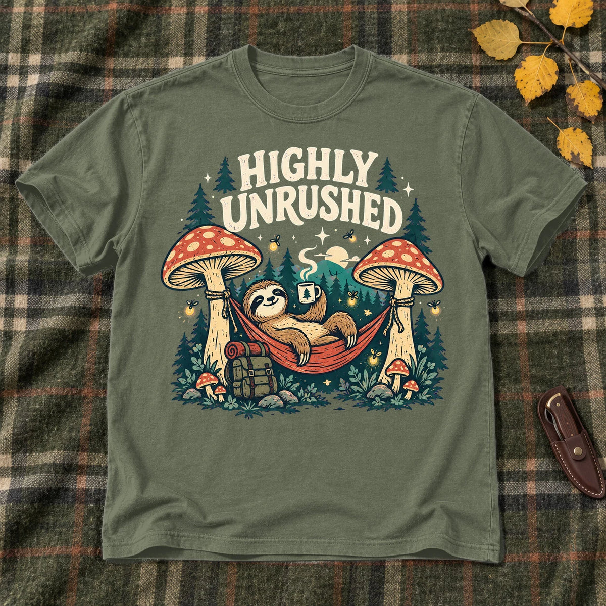Highly Unrushed Sloth Graphic Tee on Military Green Everyday Soft Tee