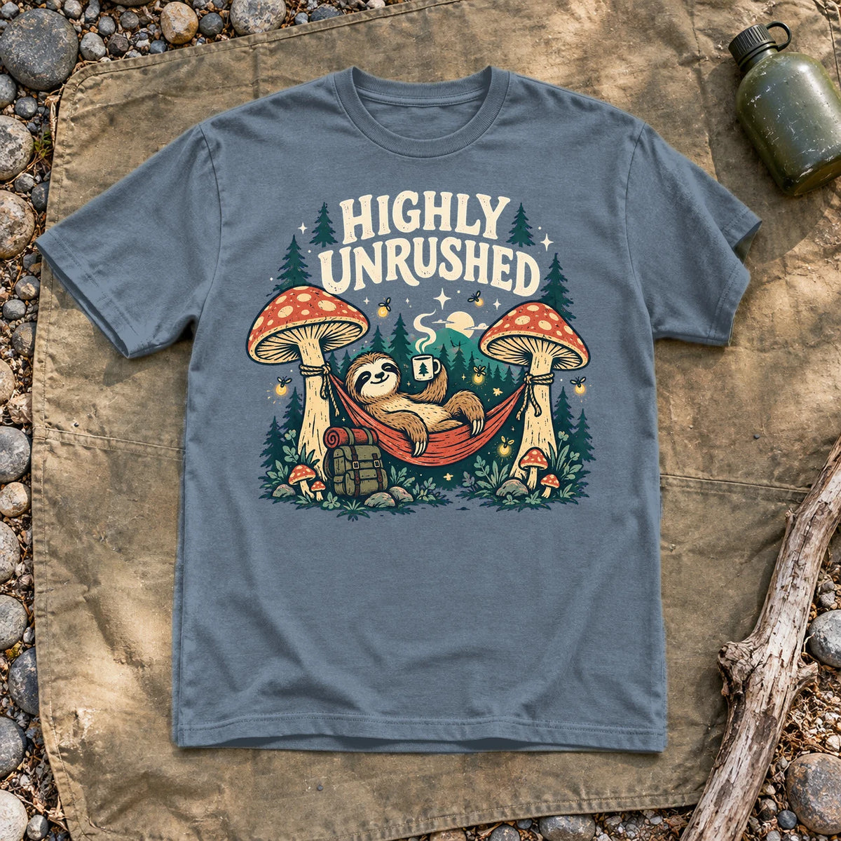 Highly Unrushed Sloth Graphic Tee on Heather Indigo Everyday Soft Tee