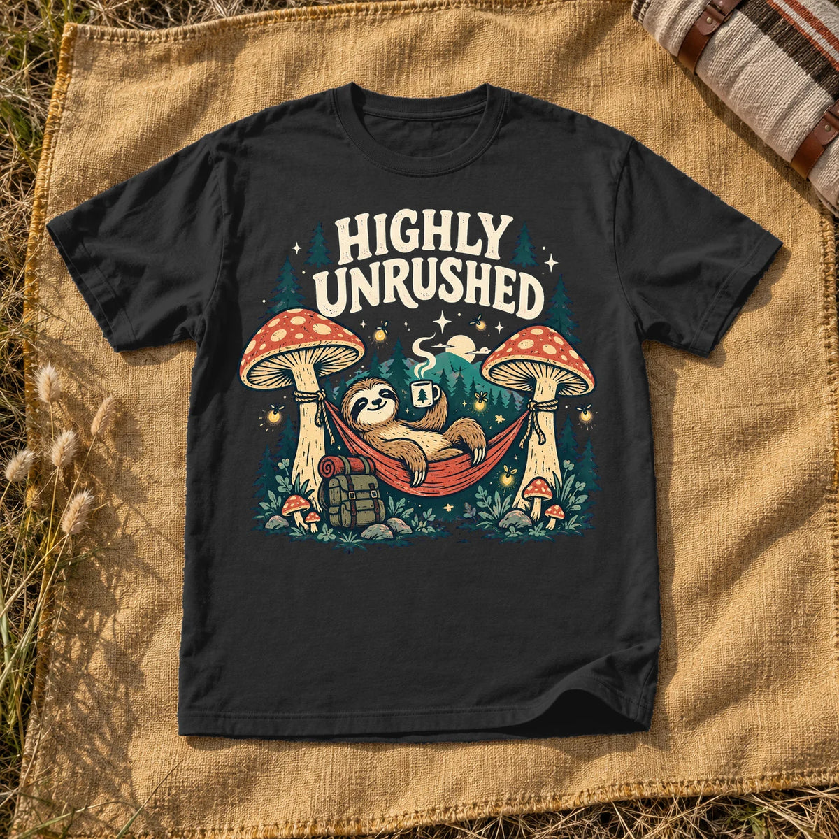 Highly Unrushed Sloth Graphic Tee on Black Premium Tee