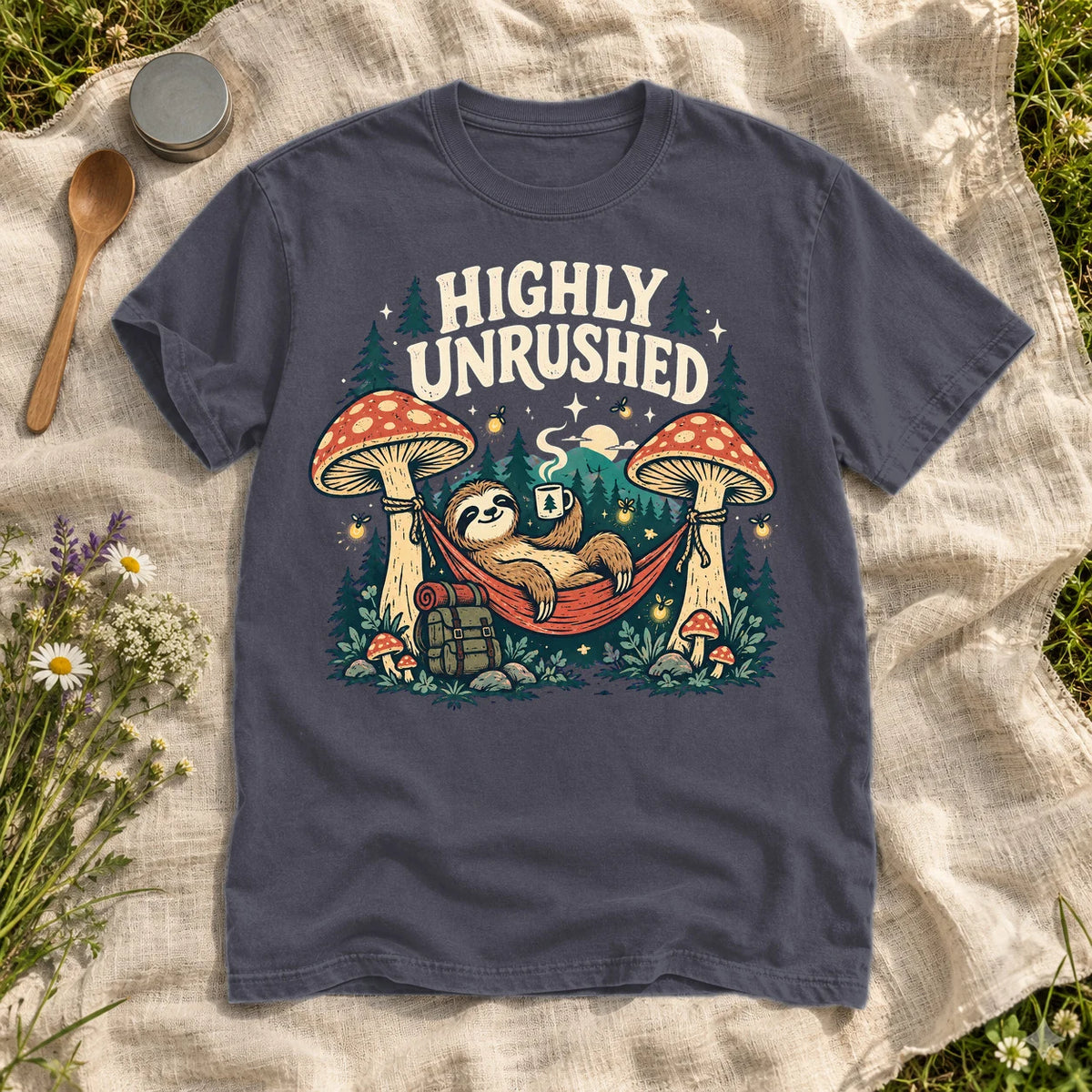 Highly Unrushed Sloth Graphic Tee on Navy Premium Tee