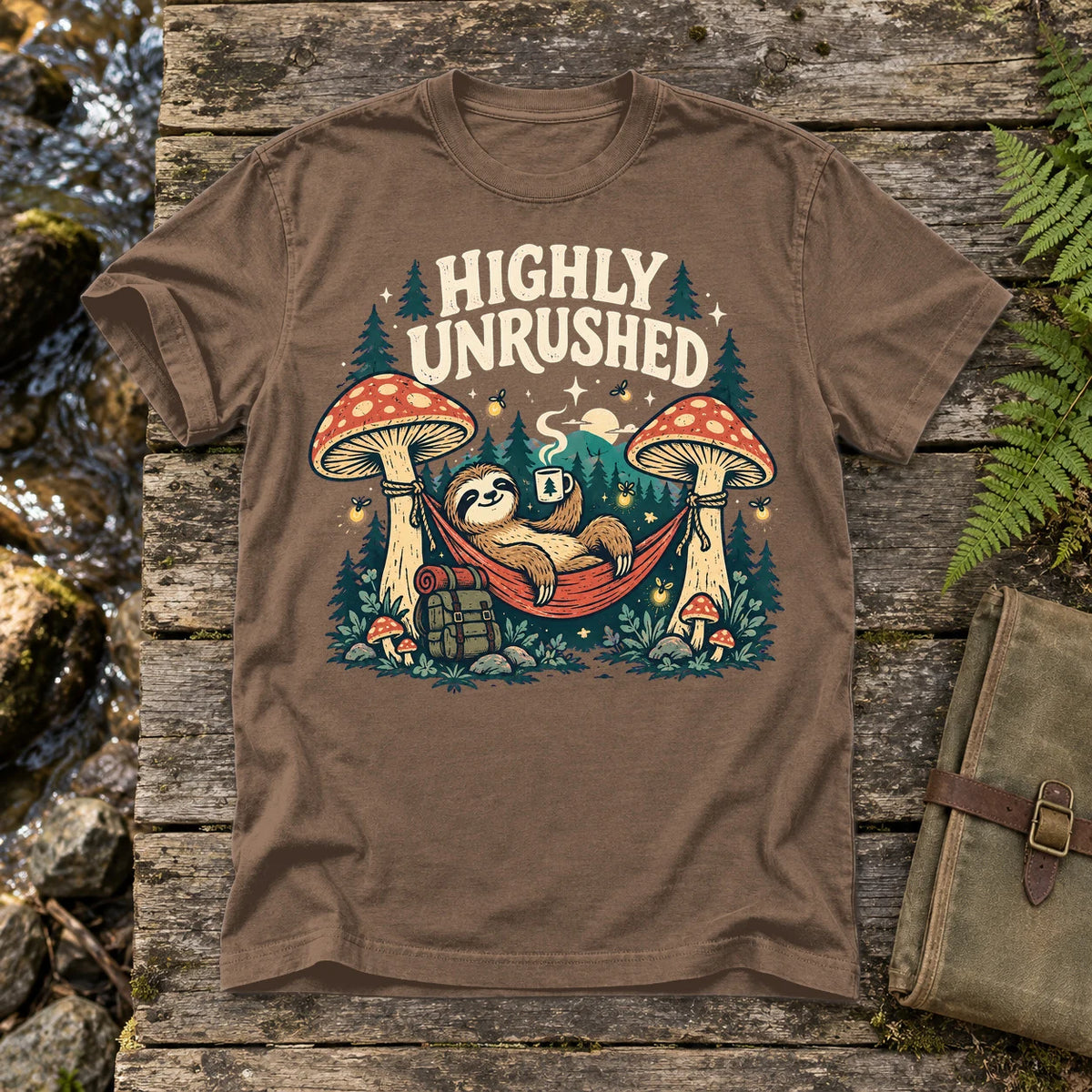 Highly Unrushed Sloth Graphic Tee on Espresso Premium Tee