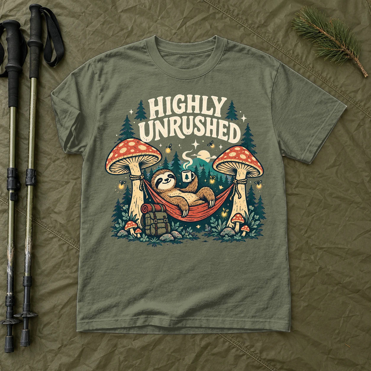 Highly Unrushed Sloth Graphic Tee on Moss Premium Tee
