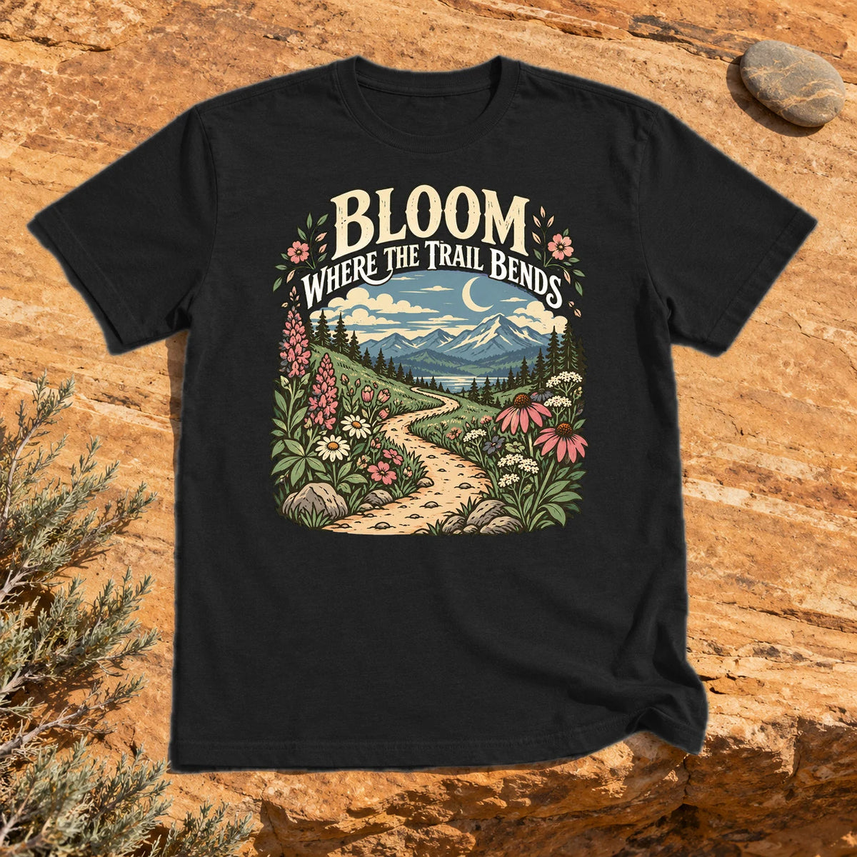 Bloom Where The Trail Bends Graphic Tee on Black Everyday Soft Tee