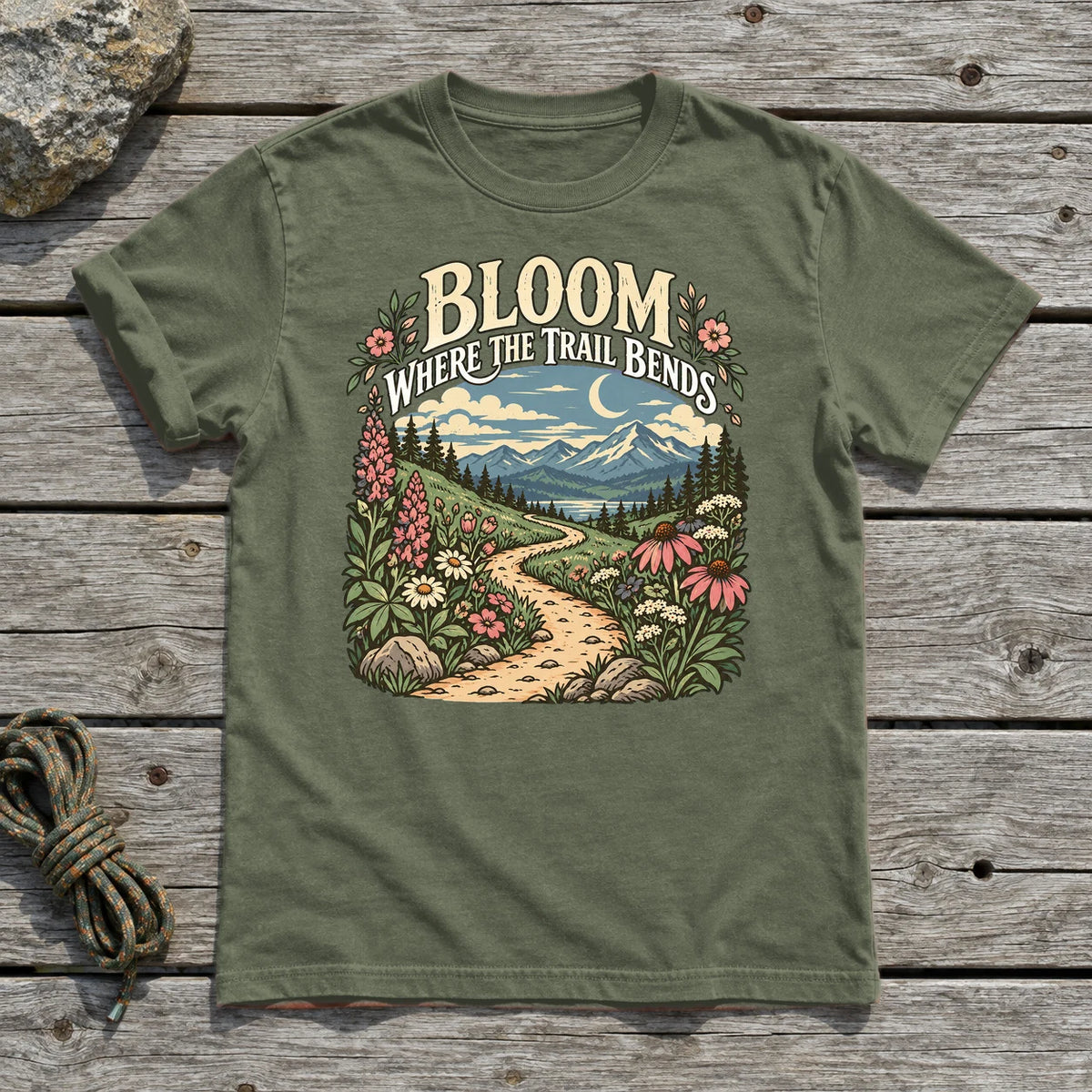 Bloom Where The Trail Bends Graphic Tee on Military Green Everyday Soft Tee