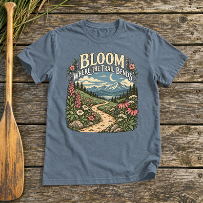 Bloom Where The Trail Bends Graphic Tee on Heather Indigo Everyday Soft Tee