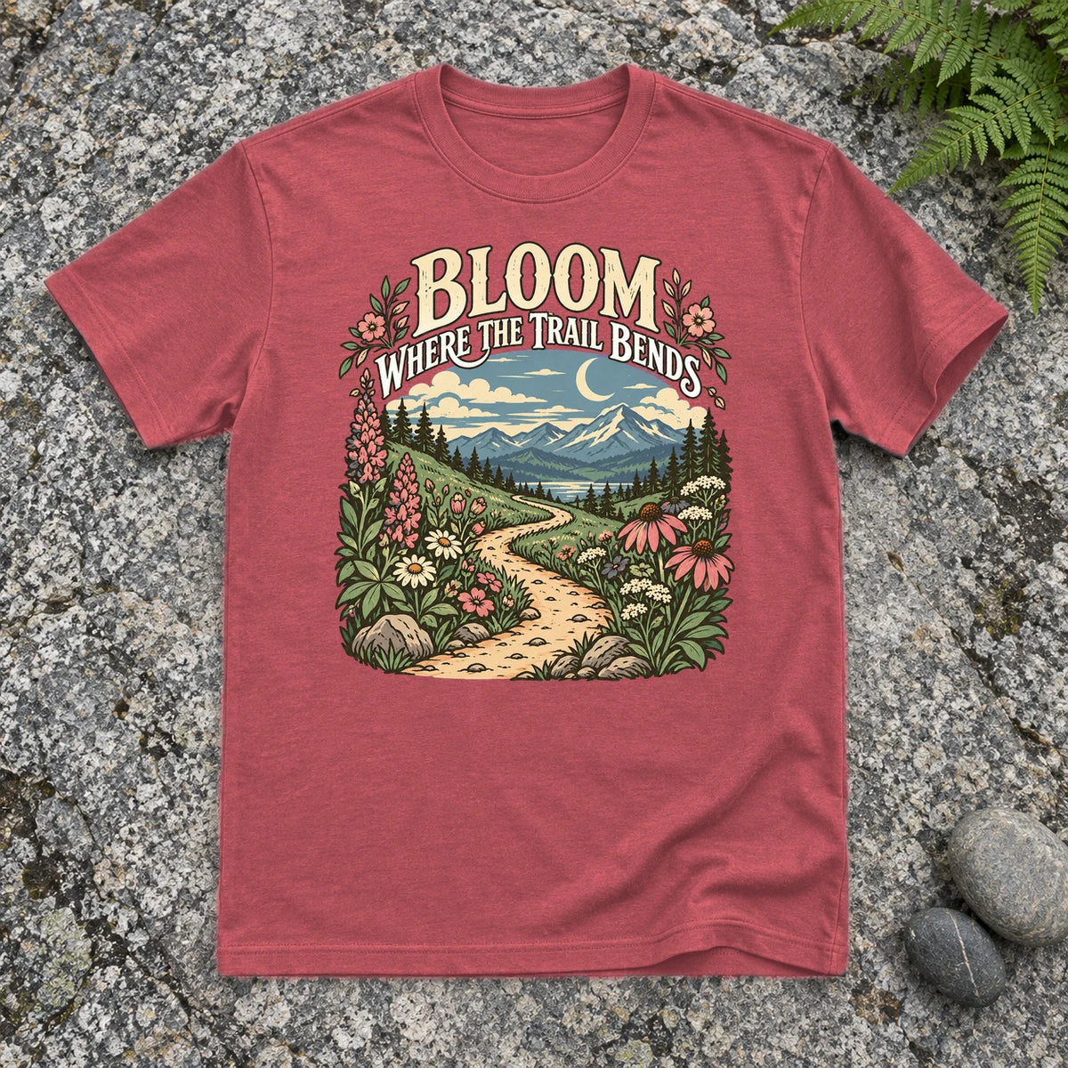 Bloom Where The Trail Bends Graphic Tee on Heather Red Everyday Soft Tee