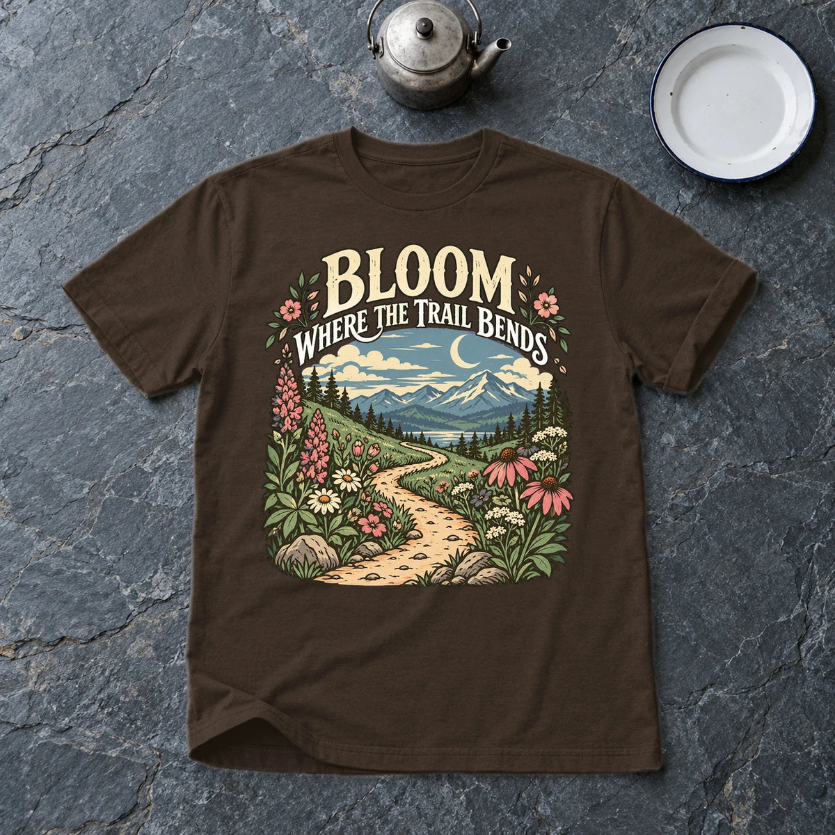 Bloom Where The Trail Bends Graphic Tee on Dark Chocolate Everyday Soft Tee