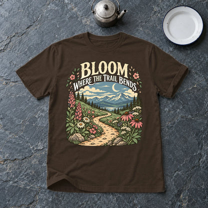 Bloom Where The Trail Bends Graphic Tee on Dark Chocolate Everyday Soft Tee