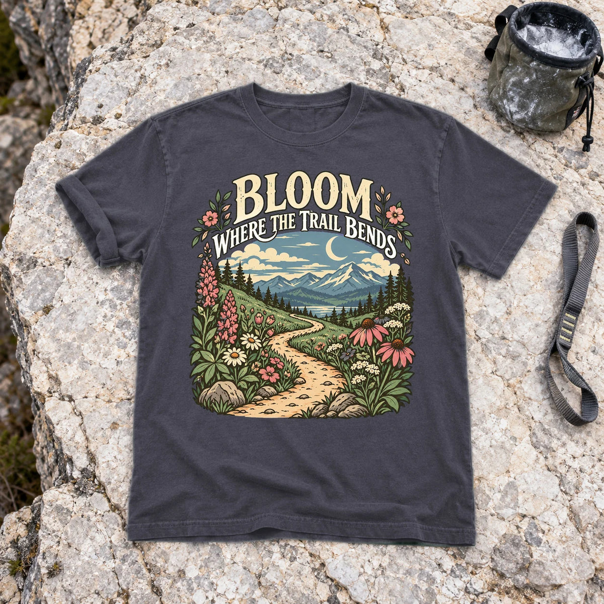 Bloom Where The Trail Bends Graphic Tee on Navy Premium Tee