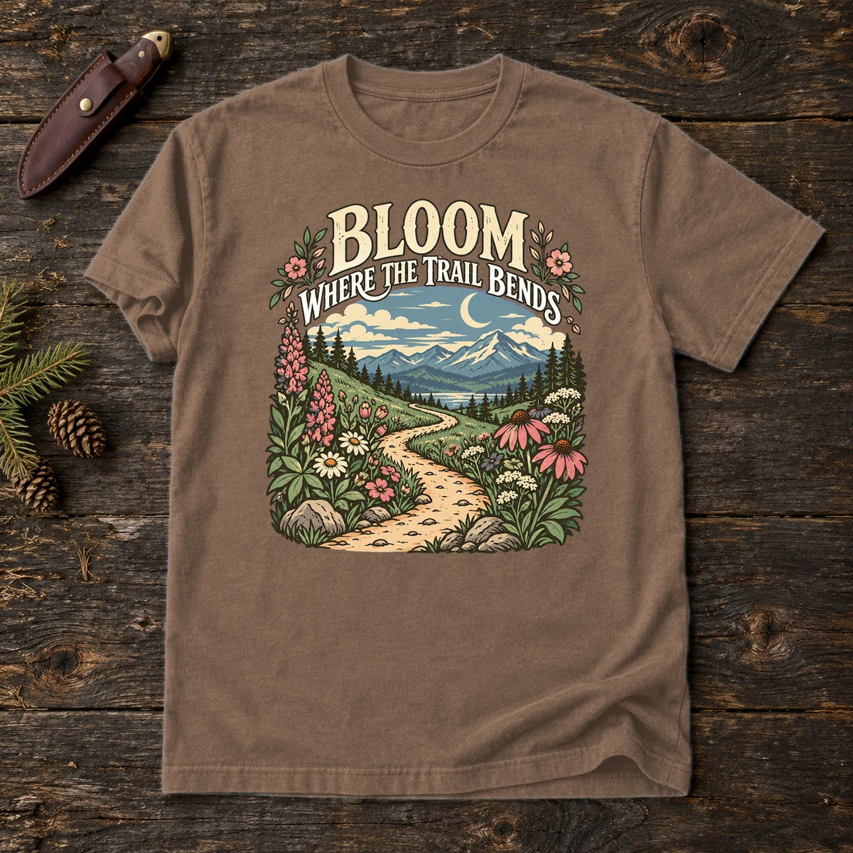 Bloom Where The Trail Bends Graphic Tee on Espresso Premium Tee