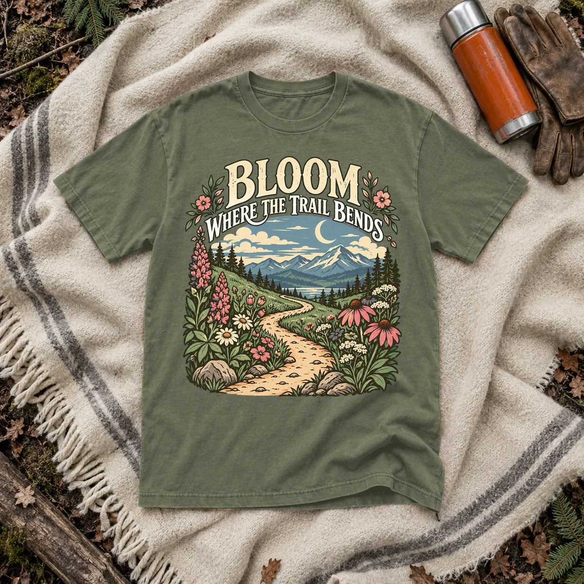 Bloom Where The Trail Bends Graphic Tee on Moss Premium Tee
