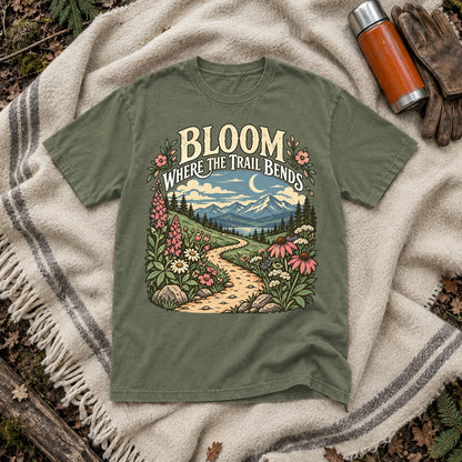 Bloom Where The Trail Bends Graphic Tee on Moss Premium Tee