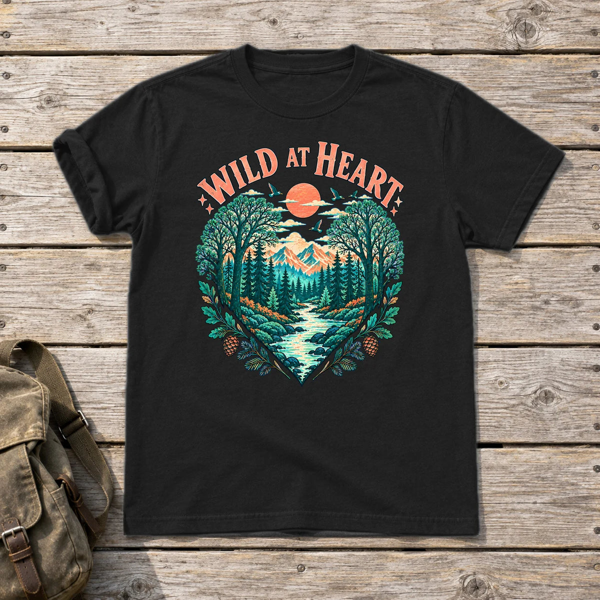 Wild At Heart Retro Nature Graphic Tee on Black Everyday Soft Tee