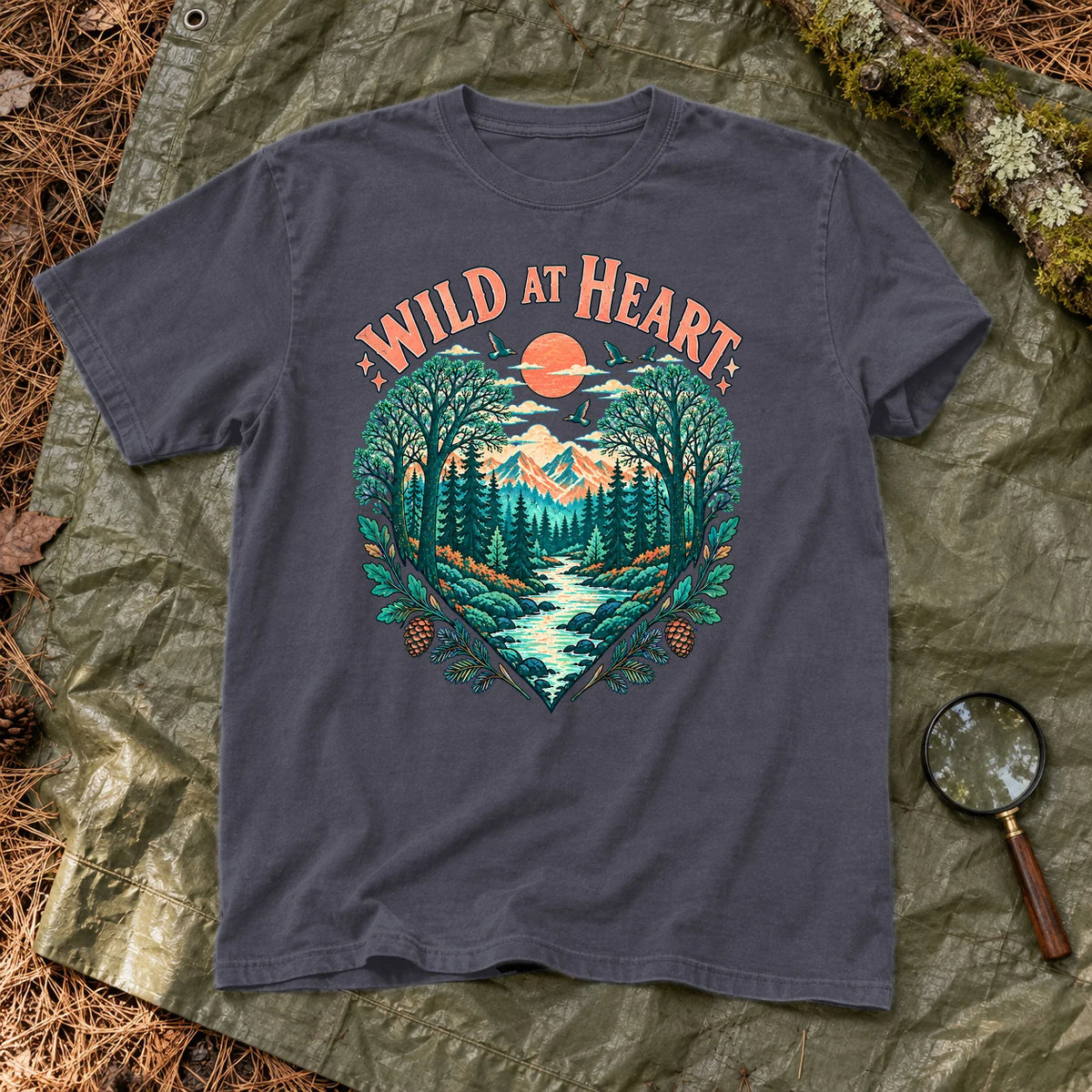 Wild At Heart Retro Nature Graphic Tee on Navy Premium Tee