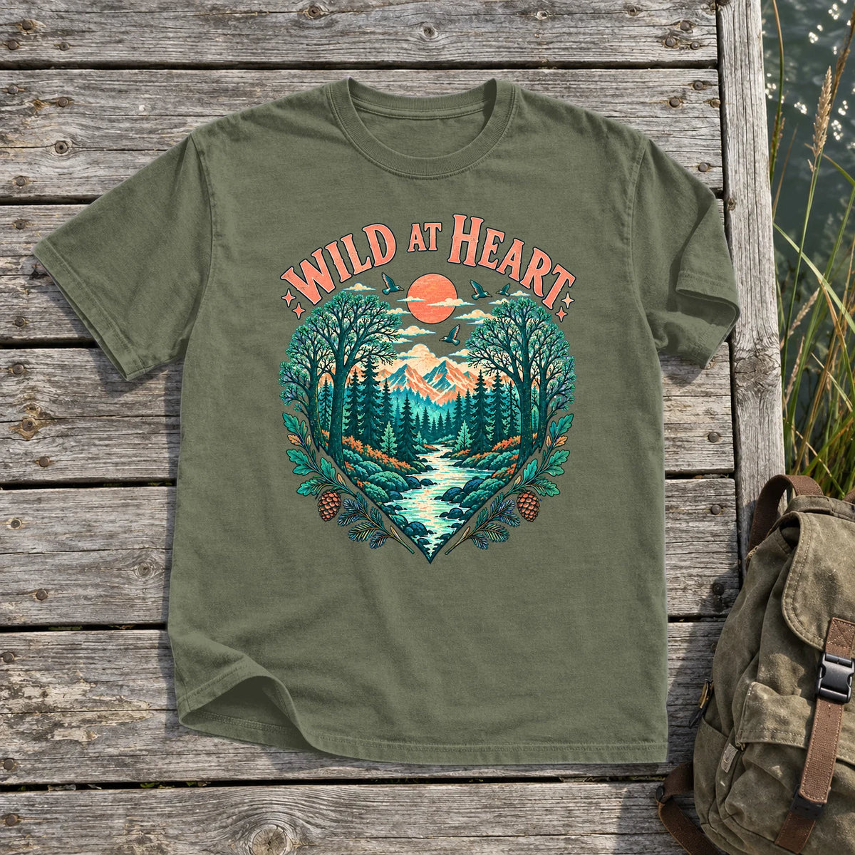 Wild At Heart Retro Nature Graphic Tee on Moss Premium Tee