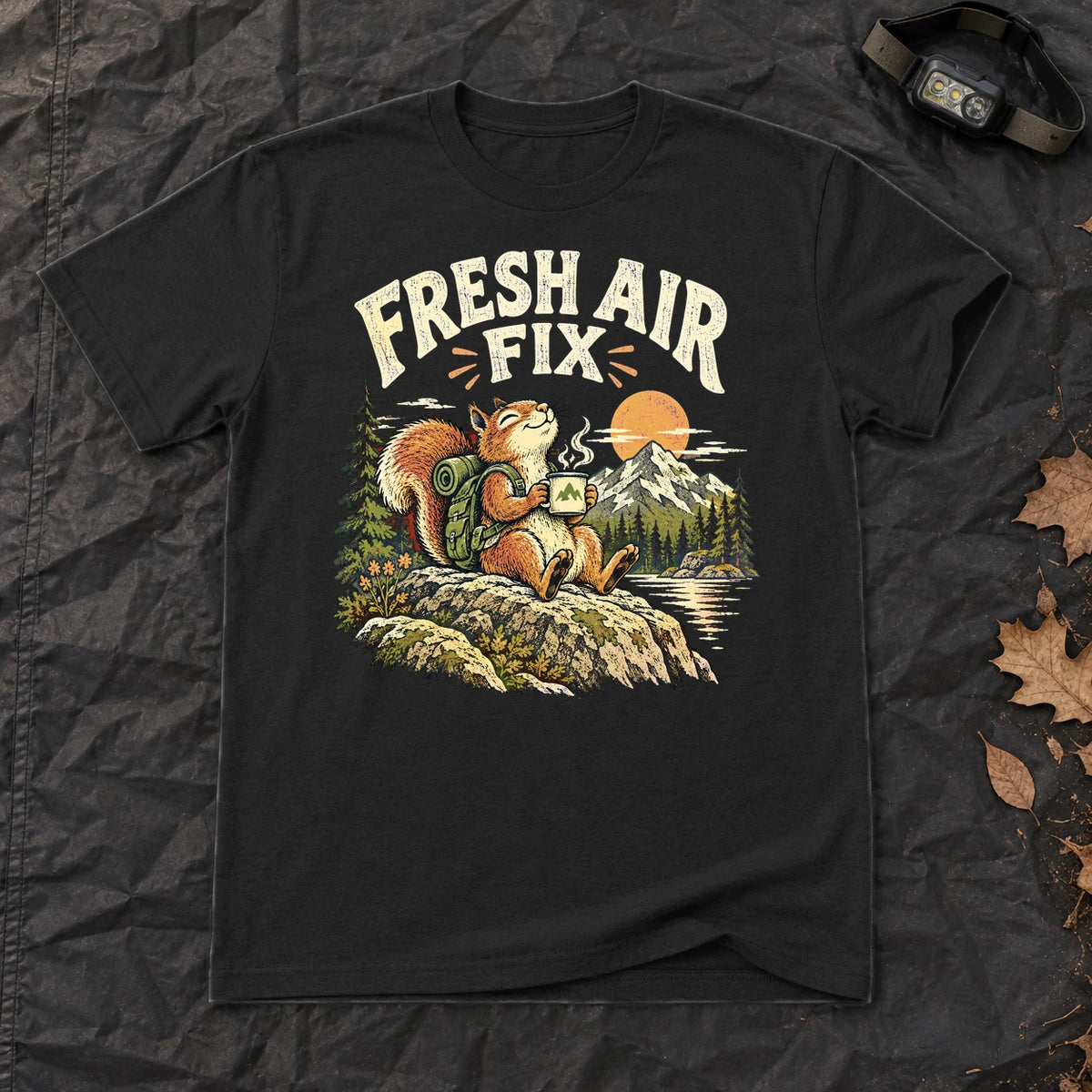 Fresh Air Fix Outdoor Squirrel Graphic Tee on Black Everyday Soft Tee
