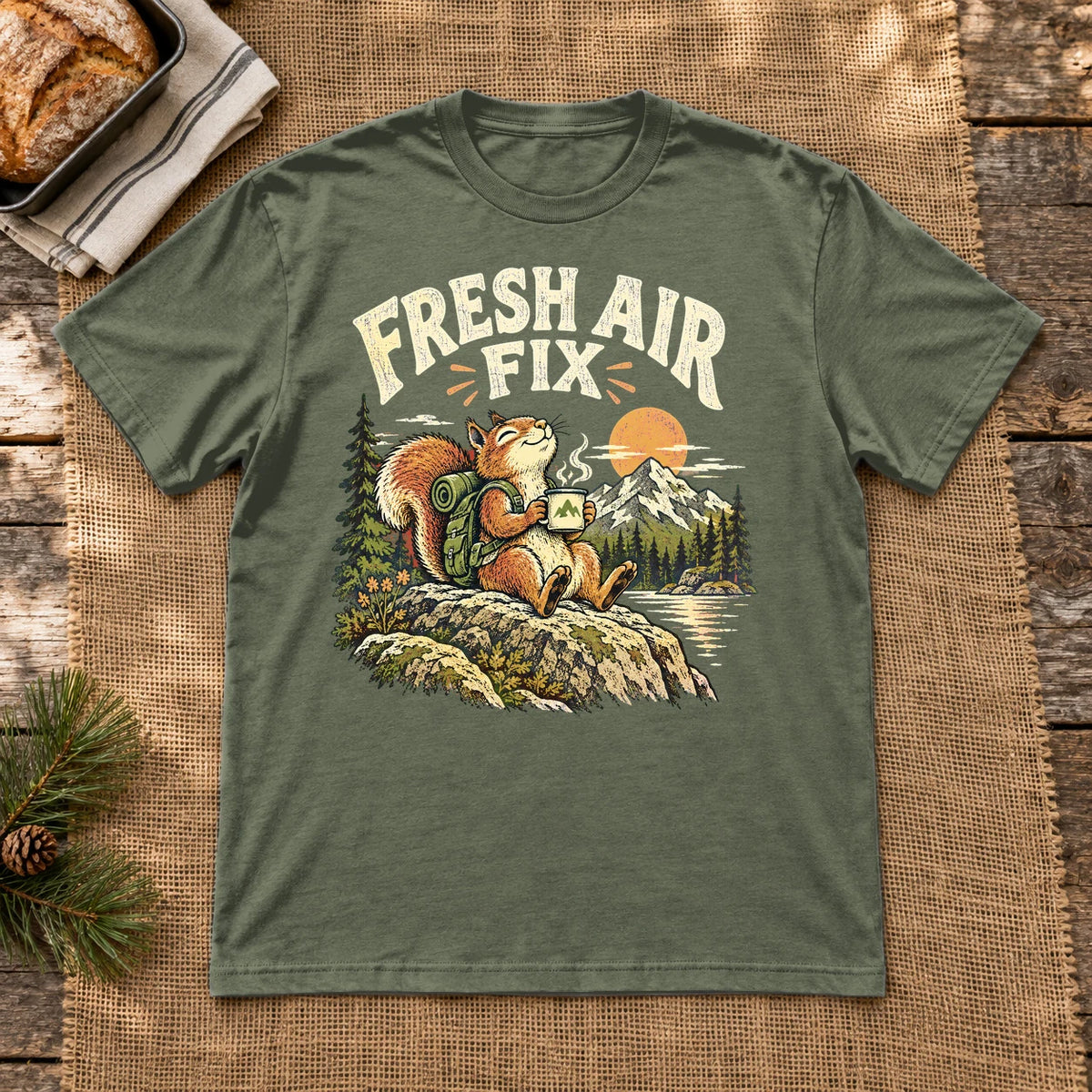 Fresh Air Fix Outdoor Squirrel Graphic Tee on Military Green Everyday Soft Tee