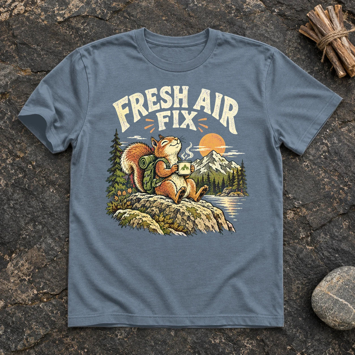 Fresh Air Fix Outdoor Squirrel Graphic Tee on Heather Indigo Everyday Soft Tee