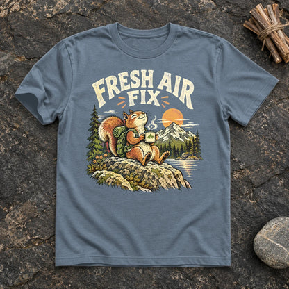 Fresh Air Fix Outdoor Squirrel Graphic Tee on Heather Indigo Everyday Soft Tee