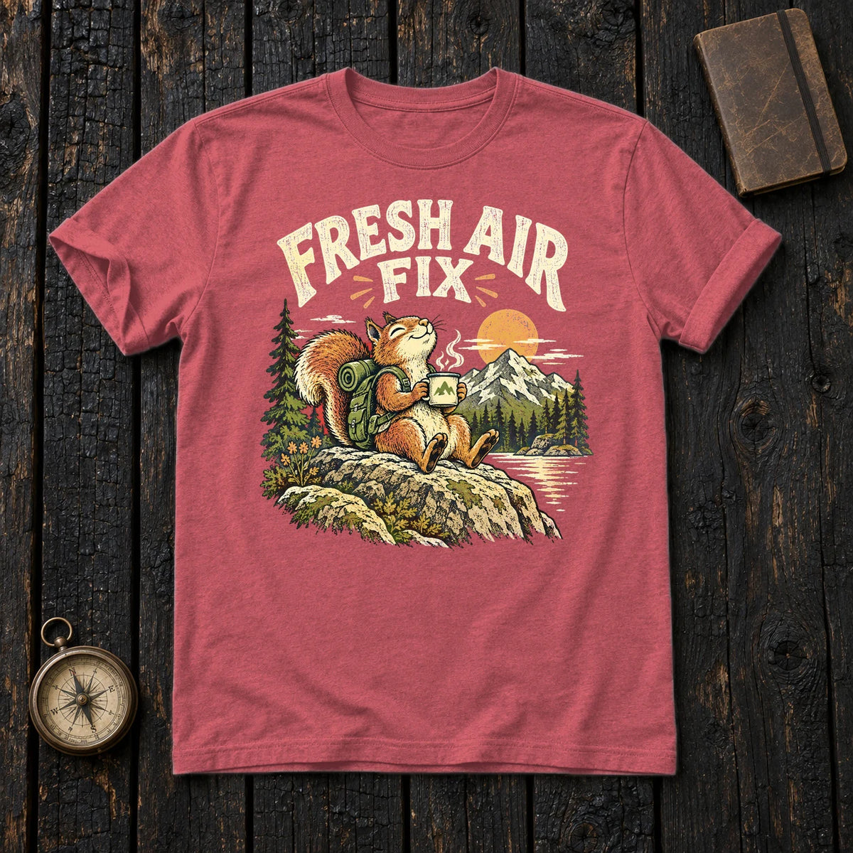 Fresh Air Fix Outdoor Squirrel Graphic Tee on Heather Red Everyday Soft Tee