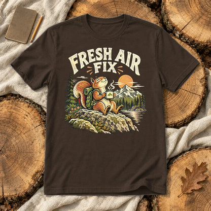 Fresh Air Fix Outdoor Squirrel Graphic Tee on Dark Chocolate Everyday Soft Tee