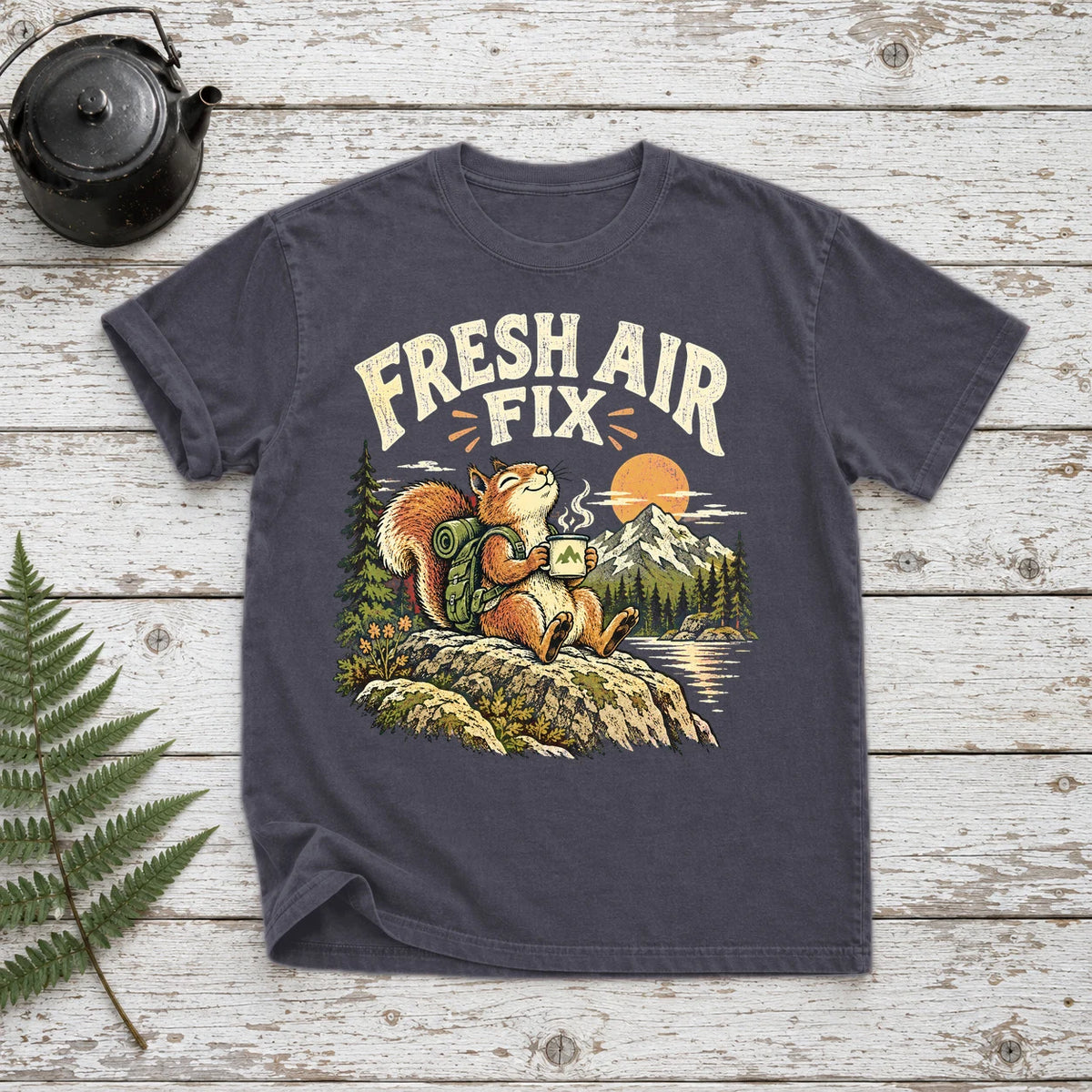 Fresh Air Fix Outdoor Squirrel Graphic Tee on Navy Premium Tee