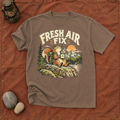 Fresh Air Fix Outdoor Squirrel Graphic Tee on Espresso Premium Tee