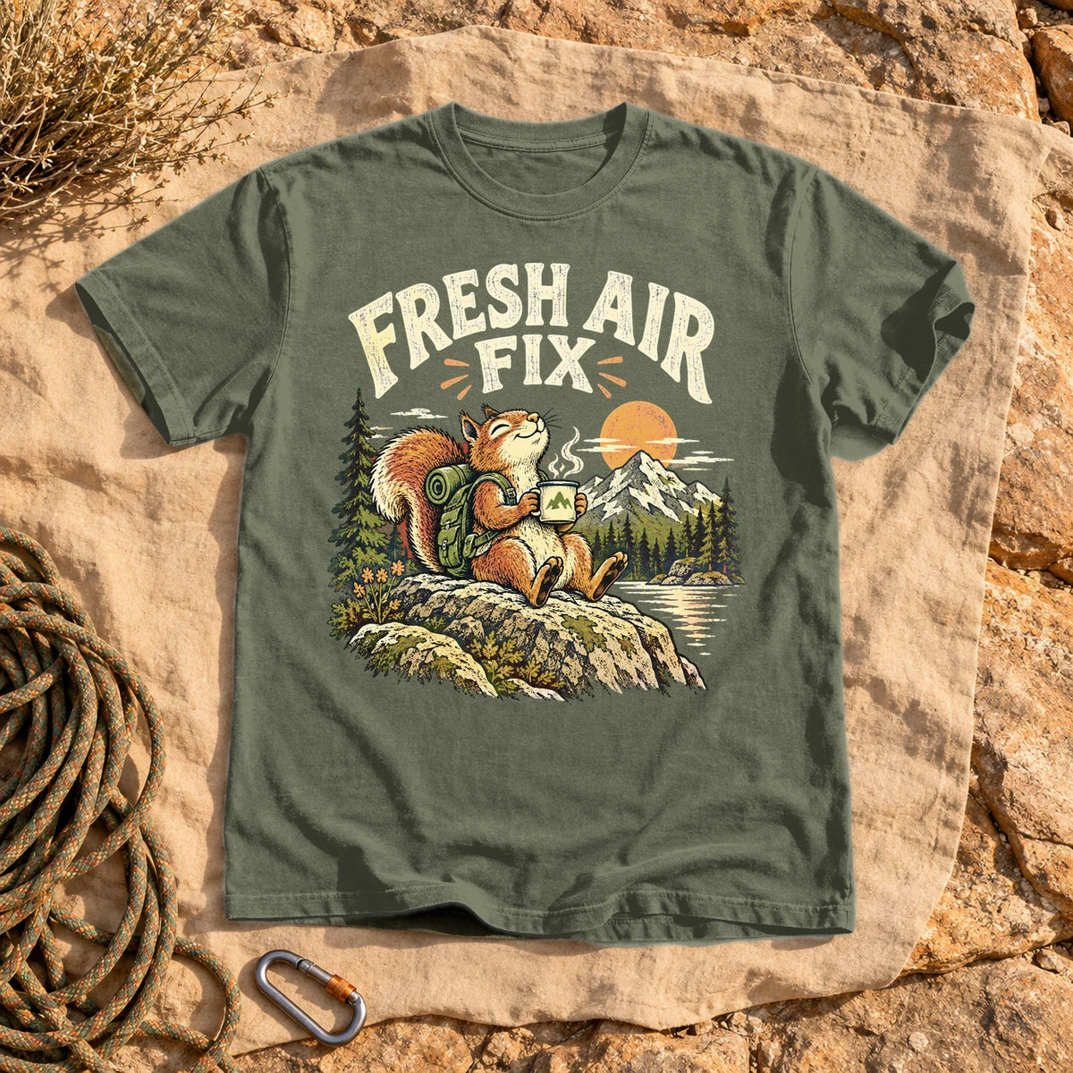 Fresh Air Fix Outdoor Squirrel Graphic Tee on Moss Premium Tee