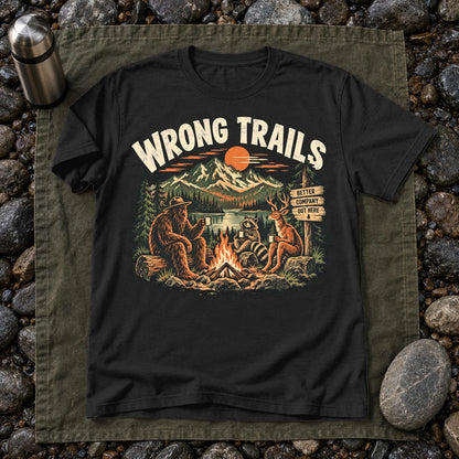 Wrong Trails Bigfoot Campfire Graphic Tee on Black Everyday Soft Tee