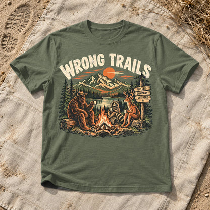 Wrong Trails Bigfoot Campfire Graphic Tee on Military Green Everyday Soft Tee