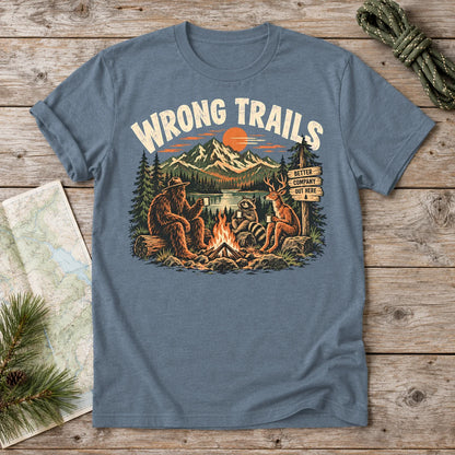 Wrong Trails Bigfoot Campfire Graphic Tee on Heather Indigo Everyday Soft Tee