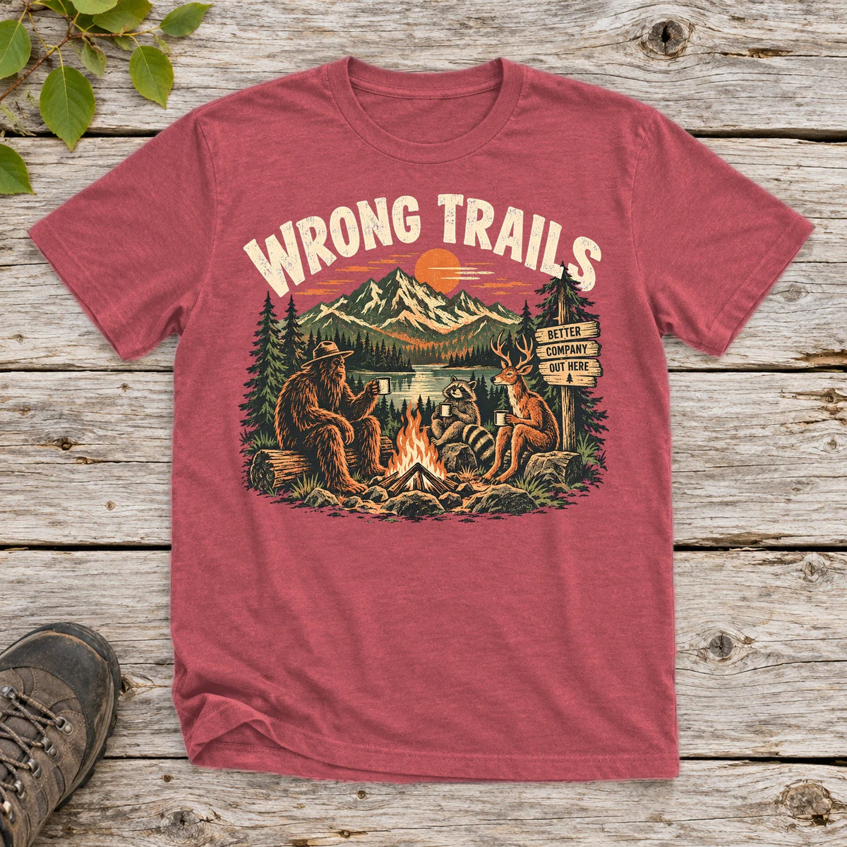 Wrong Trails Bigfoot Campfire Graphic Tee on Heather Red Everyday Soft Tee