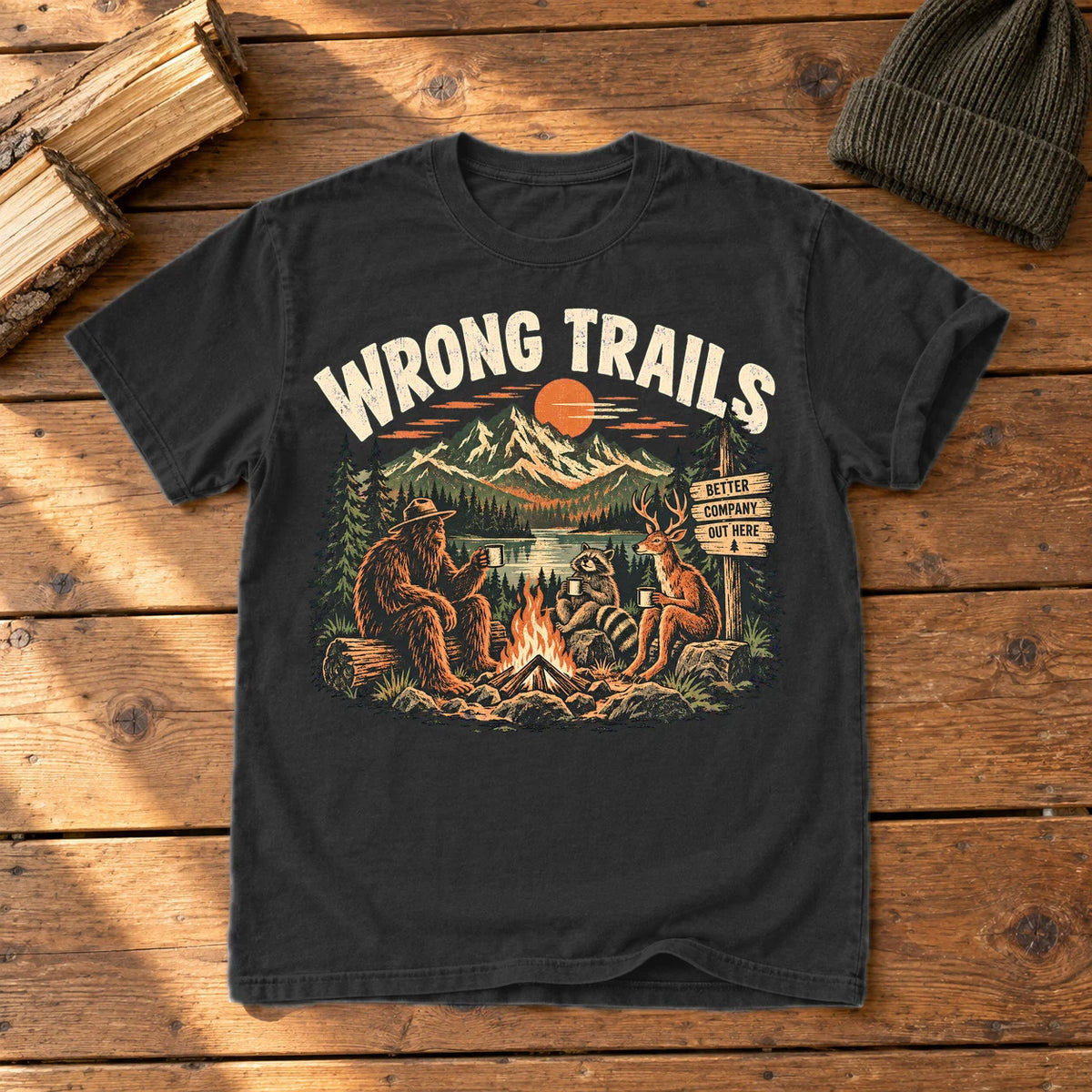 Wrong Trails Bigfoot Campfire Graphic Tee on Black Premium Tee