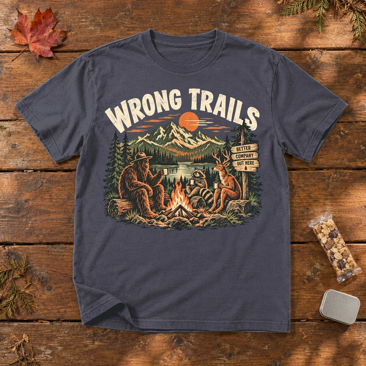 Wrong Trails Bigfoot Campfire Graphic Tee on Navy Premium Tee