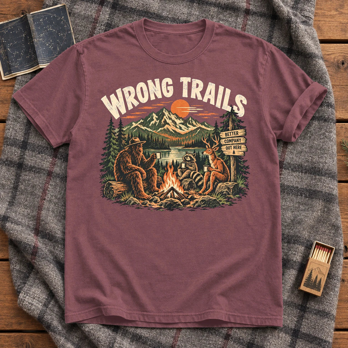 Wrong Trails Bigfoot Campfire Graphic Tee on Brick Premium Tee