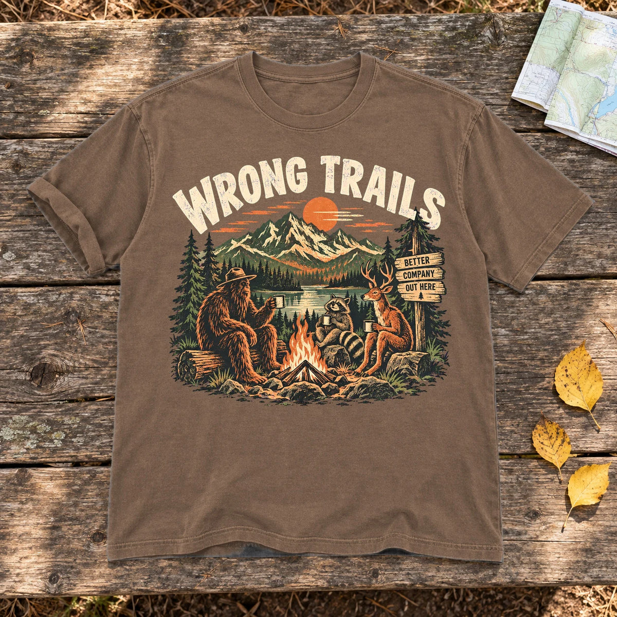 Wrong Trails Bigfoot Campfire Graphic Tee on Espresso Premium Tee