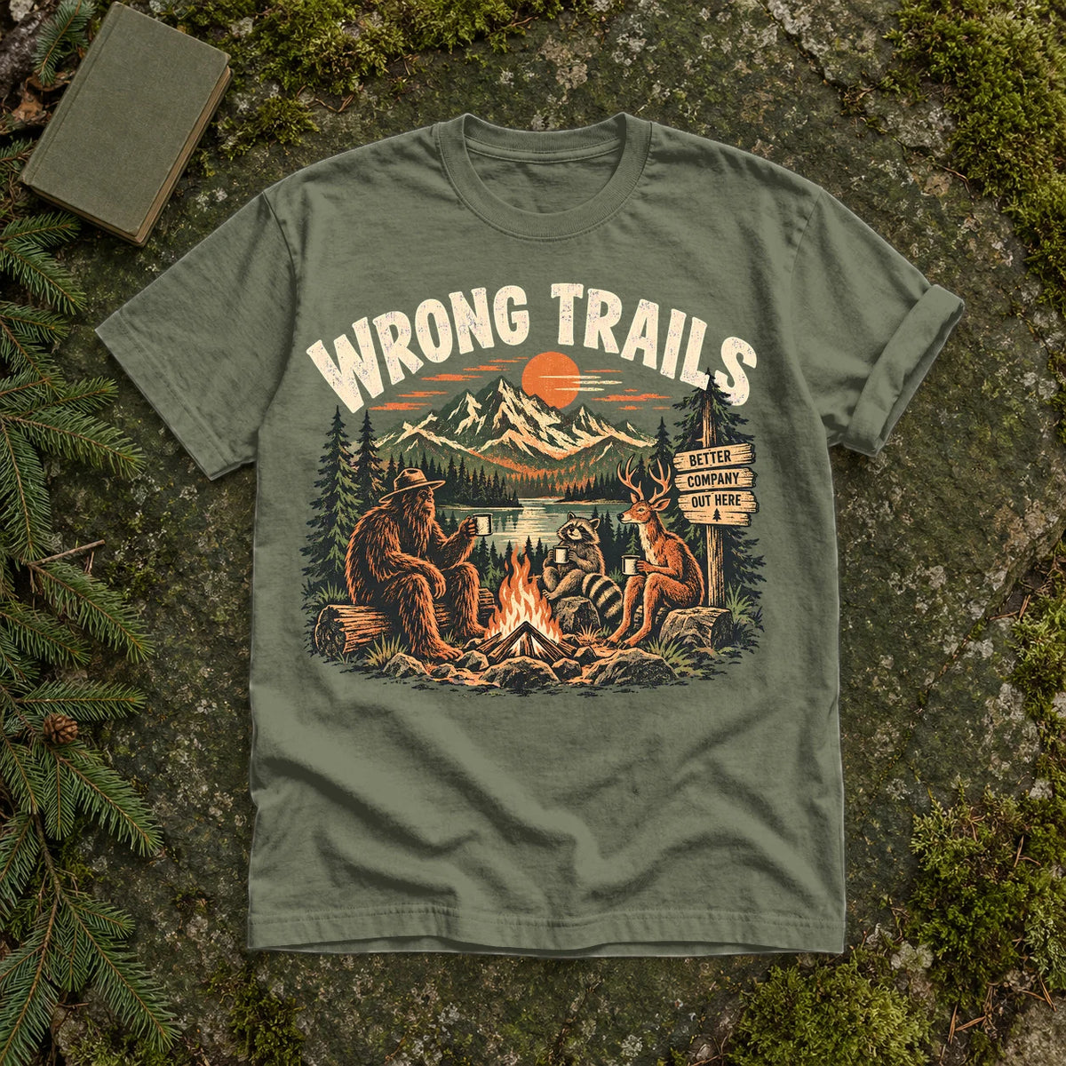 Wrong Trails Bigfoot Campfire Graphic Tee on Moss Premium Tee