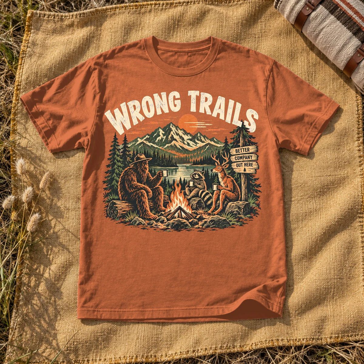 Wrong Trails Bigfoot Campfire Graphic Tee on Yam Premium Tee