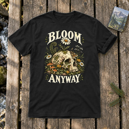 Bloom Anyway Botanical Skull Graphic Tee on Black Everyday Soft Tee