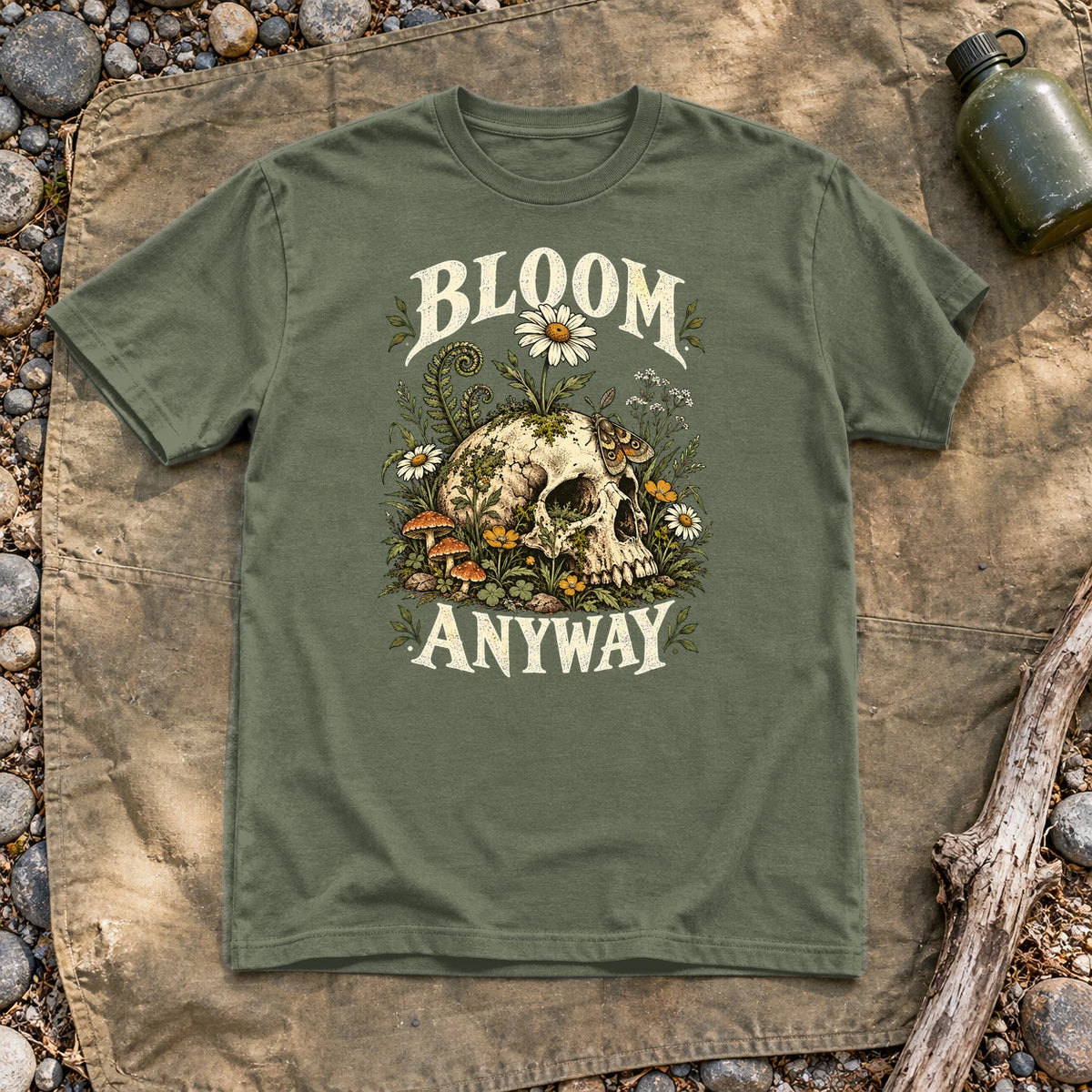 Bloom Anyway Botanical Skull Graphic Tee on Military Green Everyday Soft Tee