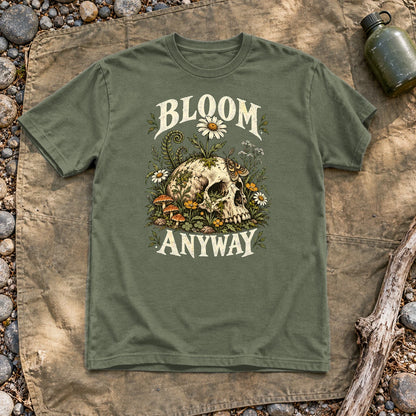 Bloom Anyway Botanical Skull Graphic Tee on Military Green Everyday Soft Tee