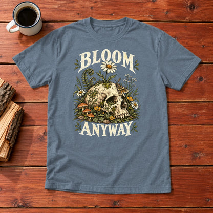 Bloom Anyway Botanical Skull Graphic Tee on Heather Indigo Everyday Soft Tee