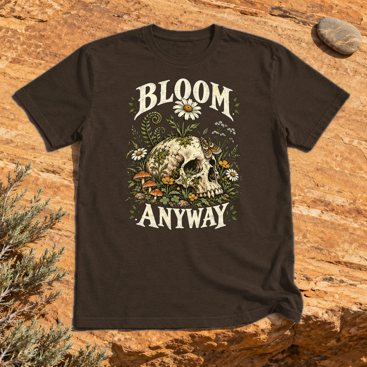Bloom Anyway Botanical Skull Graphic Tee on Dark Chocolate Everyday Soft Tee