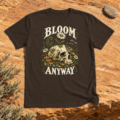 Bloom Anyway Botanical Skull Graphic Tee on Dark Chocolate Everyday Soft Tee