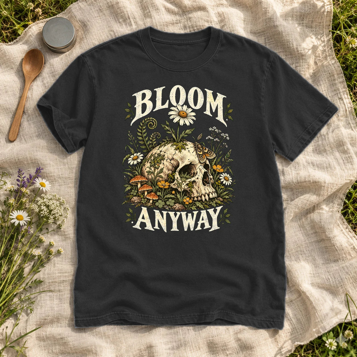 Bloom Anyway Botanical Skull Graphic Tee on Black Premium Tee