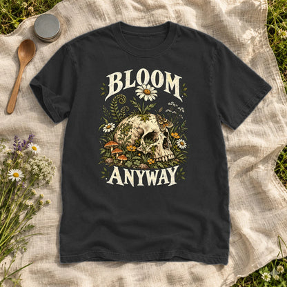 Bloom Anyway Botanical Skull Graphic Tee on Black Premium Tee