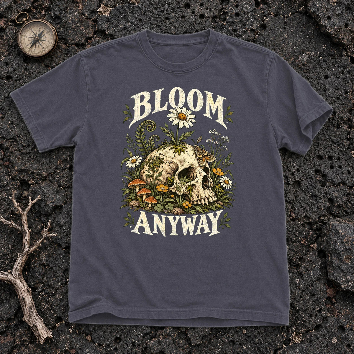 Bloom Anyway Botanical Skull Graphic Tee on Navy Premium Tee