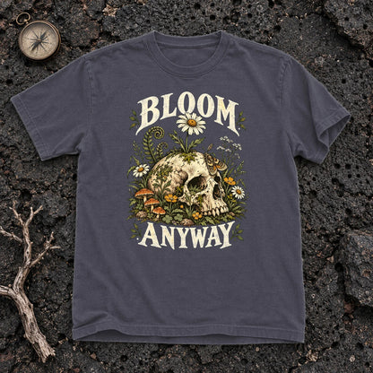 Bloom Anyway Botanical Skull Graphic Tee on Navy Premium Tee