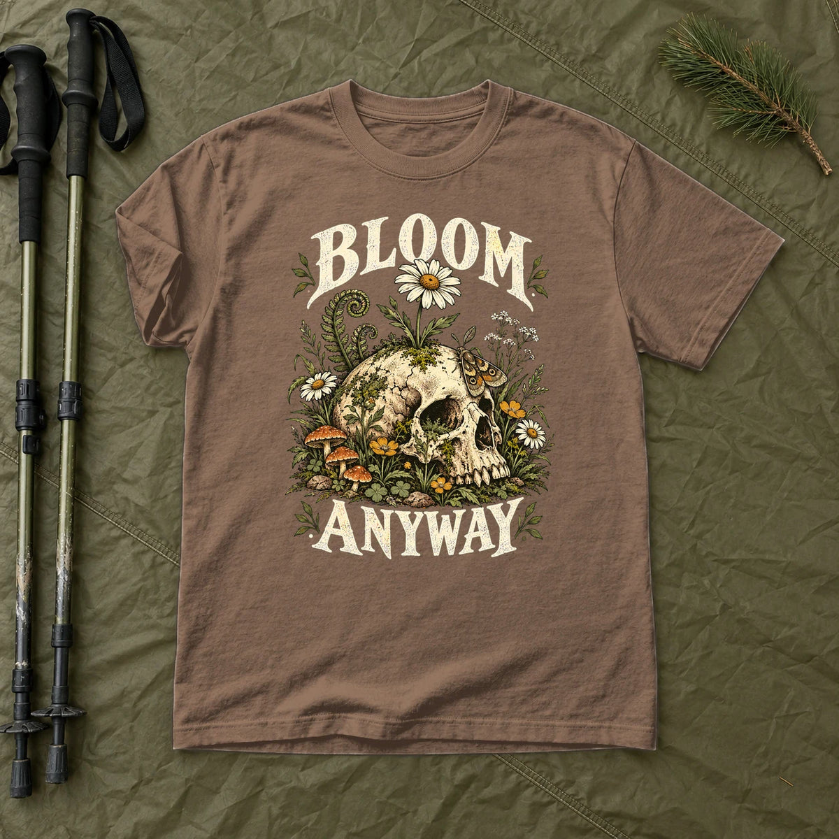 Bloom Anyway Botanical Skull Graphic Tee on Espresso Premium Tee